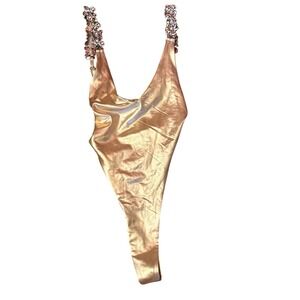 Diva Boutique Womens Gold Metallic Rhinestone Strap High Cut Bodysuit Small